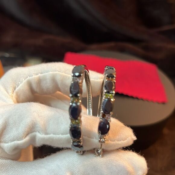 Midnight Sapphire and Multi-Tourmaline Hoop Earrings Stainless Steel 11.35 ctw - Picture 5 of 15